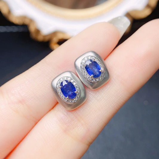 Blue Stone Stud Earrings — Silver Finish — Lithologie